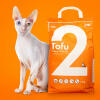 Worek żwirku dla kotów z tofu, za którym stoi biały kot