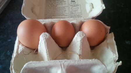 pierwsze trzy jajka - duże to podwójne żółtko!