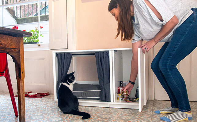 Maya Nook z otwartą szafką  i kot zagląda do środka